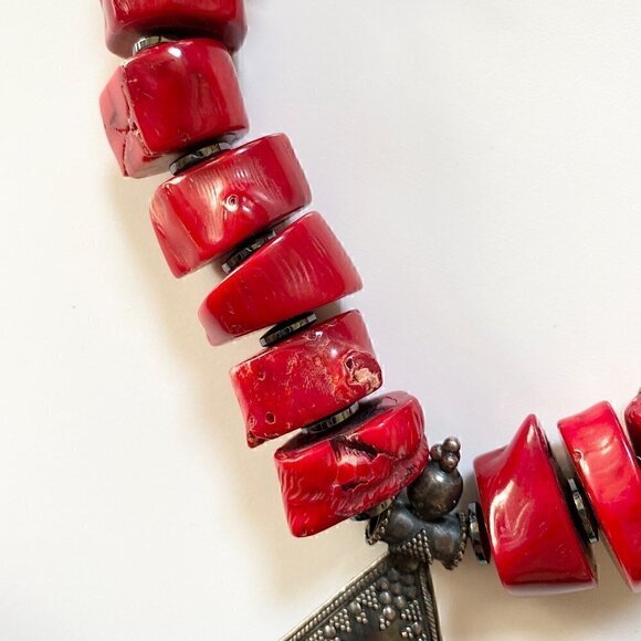 Vintage Chunky Blood Red Coral Sterling Silver Pendant Necklace sz 20" 10.3 oz - Picture 7 of 12